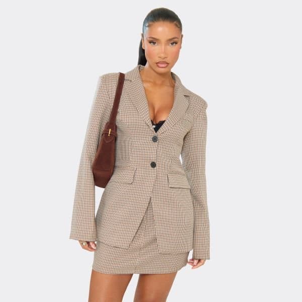 EGO Cinched Waist Structured Blazer In Brown Check Woven, Women's Size UK 6