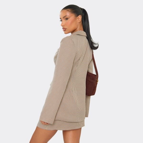 EGO Cinched Waist Structured Blazer In Brown Check Woven, Women's Size UK 6 - 2