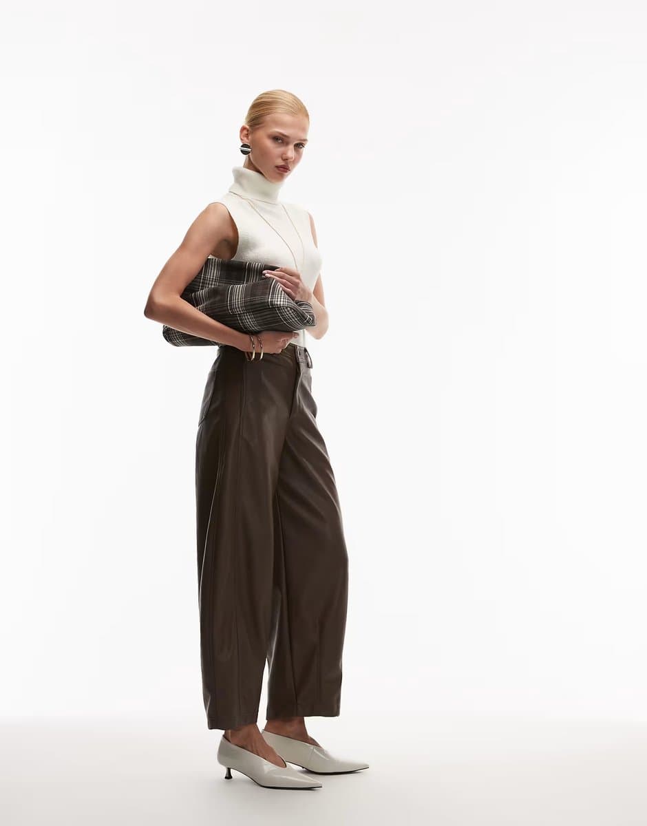 ASOS ASOS DESIGN faux leather barrel leg trousers with seam detail in mocha