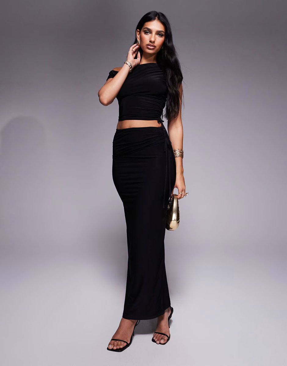 ASOS Kaiia exclusive double layered slinky ruched off shoulder drawstring crop top co-ord in black - 2