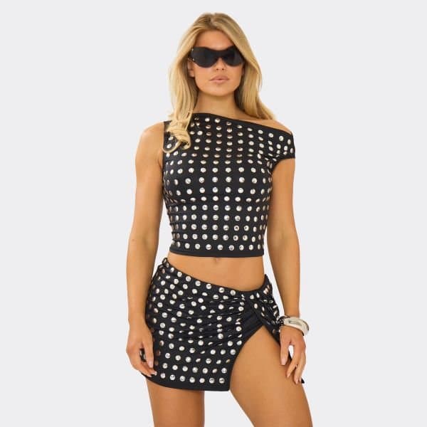 EGO Asymmetric Stud Detail Crop Top In Black, Women's Size UK 6