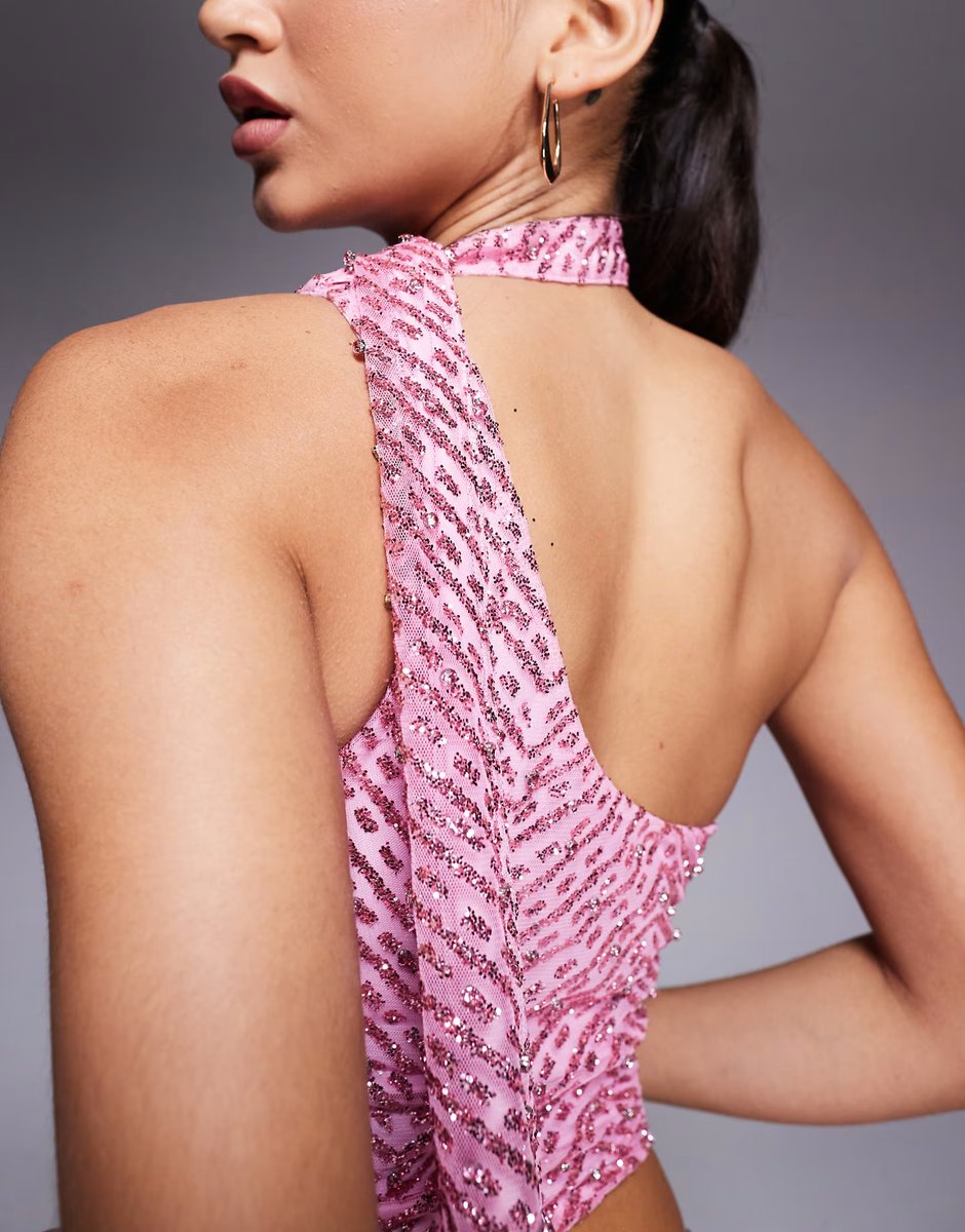 ASOS Oh Polly Cosette glitter embellished one shoulder scarf top co-ord in pink - 3