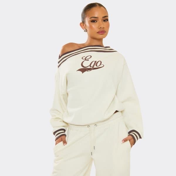EGO Oversized Off The Shoulder Contrast Stripe Embroidered Graphic Sweater In Cream, Women's Size UK 12