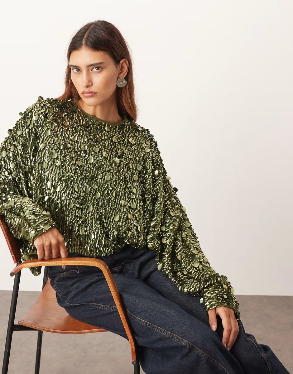 ASOS ARRANGE long sleeve square cut top in molten khaki sequin - 1