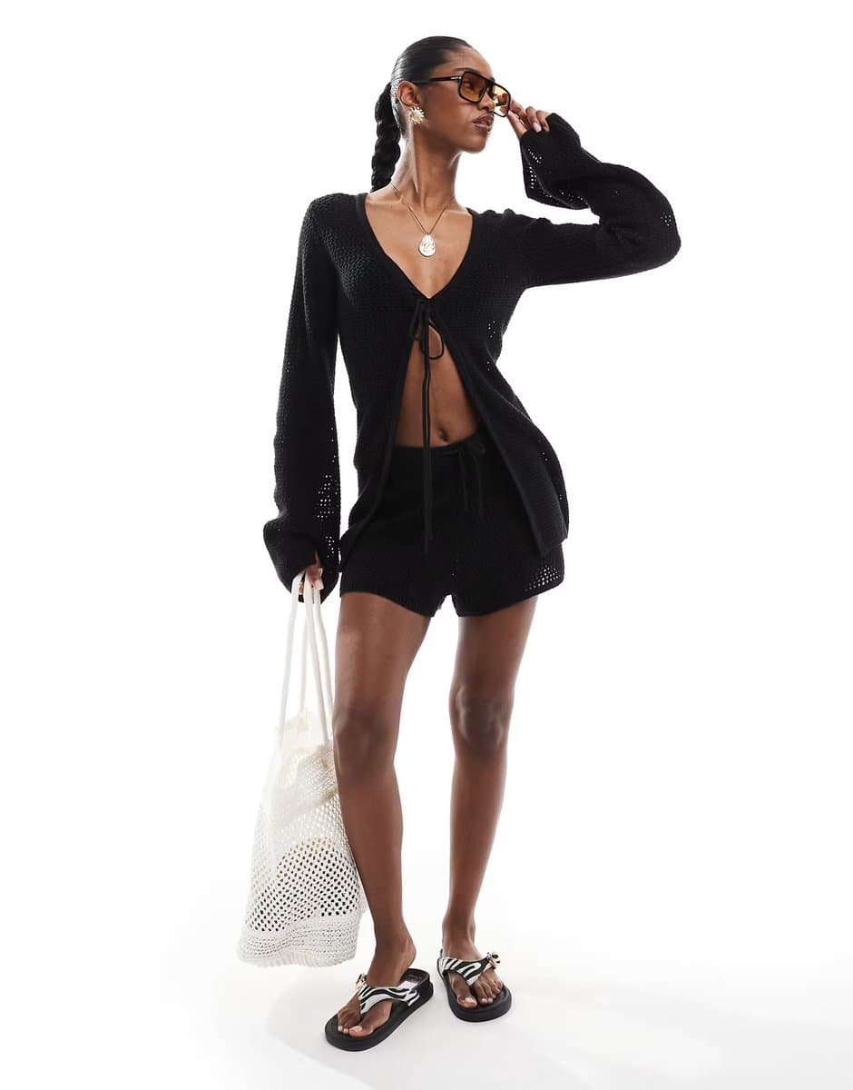 ASOS 4th & Reckless beach crochet tie front shorts co-ord in black