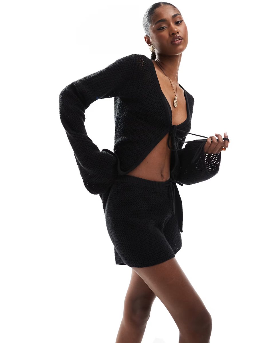 ASOS 4th & Reckless beach crochet tie front shorts co-ord in black - 3