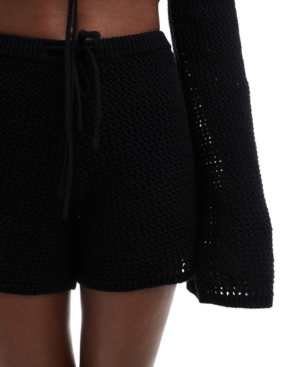 ASOS 4th & Reckless beach crochet tie front shorts co-ord in black - 4