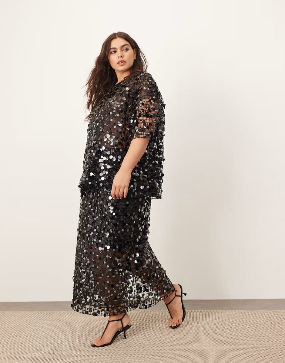 ASOS ARRANGE Curve sheer grid sequin  maxi skirt co ord in black
