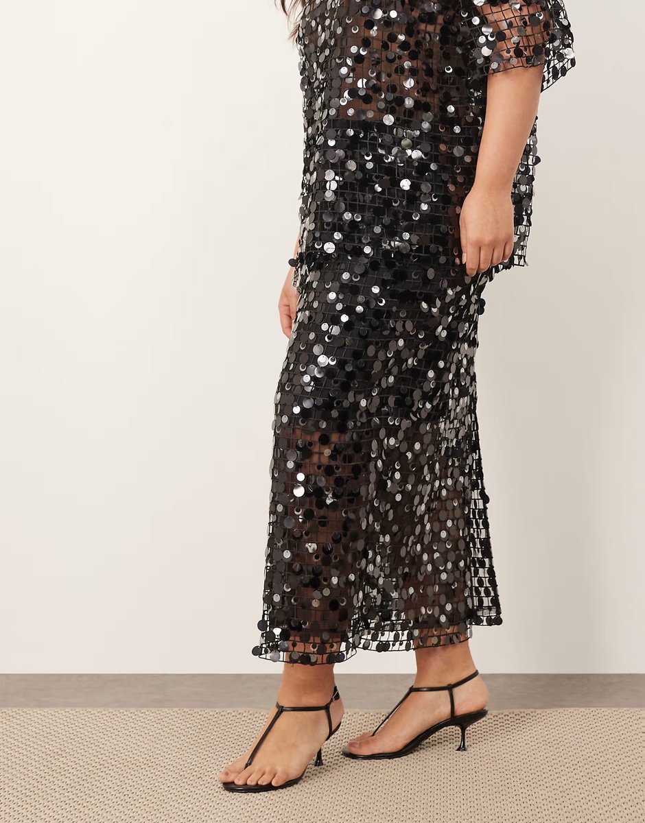 ASOS ARRANGE Curve sheer grid sequin  maxi skirt co ord in black - 3