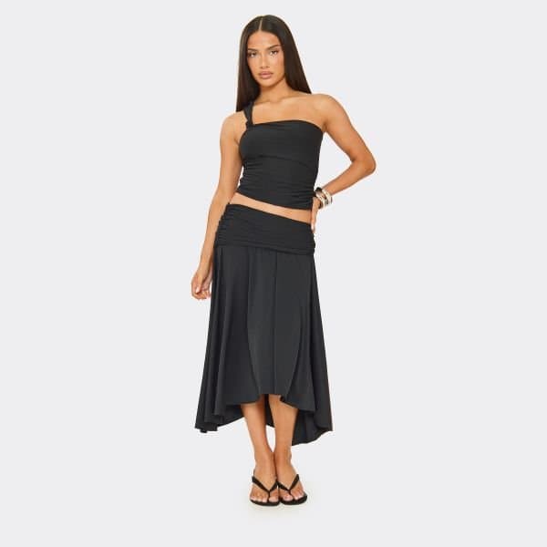 EGO Mid Rise Pleated Detail Midi Skirt In Black, Women's Size UK 6