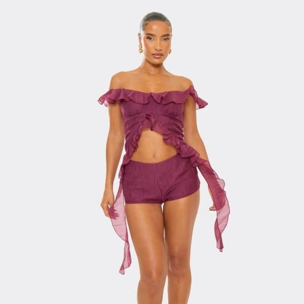 EGO Bardot Frill Edge Cut Out Detail Playsuit In Plum Textured, Women's Size UK 10