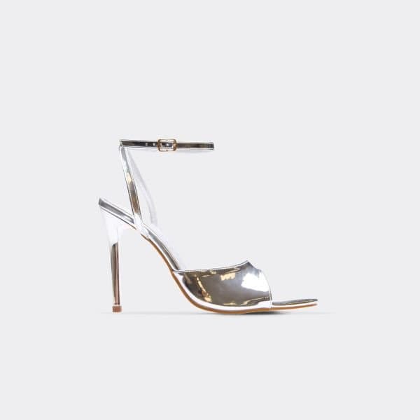 EGO (Brand) Silver Patent Ankle Strap Stiletto Heels
