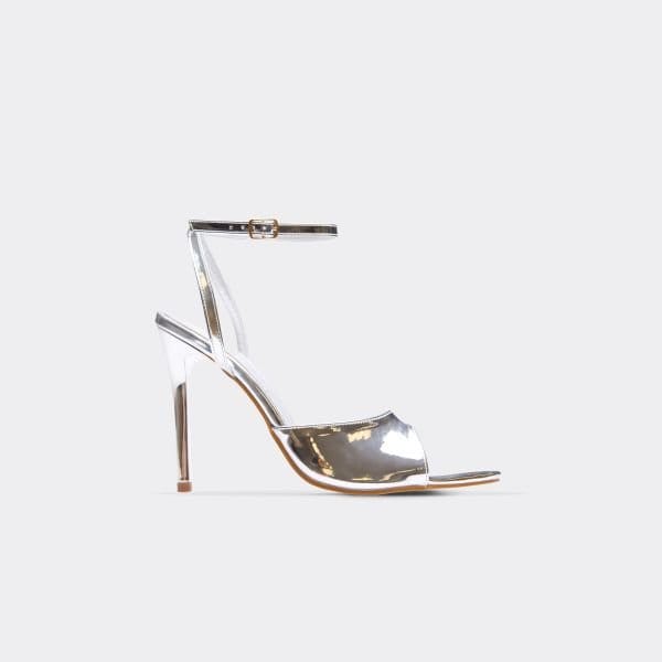 EGO Highland Ankle Strap Pointed Peep Toe Stiletto Heel In Silver Patent, Women's Size UK 3 - 1