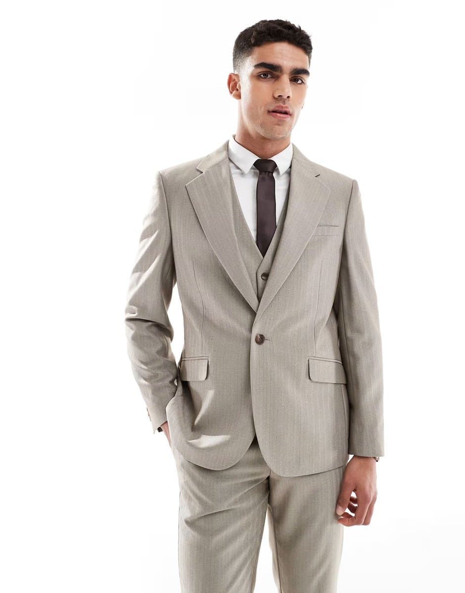 ASOS ASOS DESIGN wedding wool mix slim suit jacket in brown herringbone