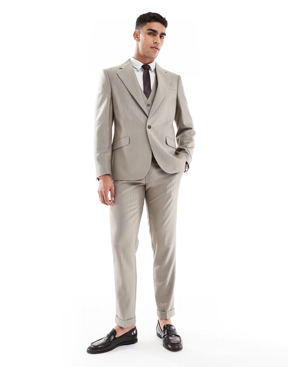 ASOS ASOS DESIGN wedding wool mix slim suit jacket in brown herringbone - 2