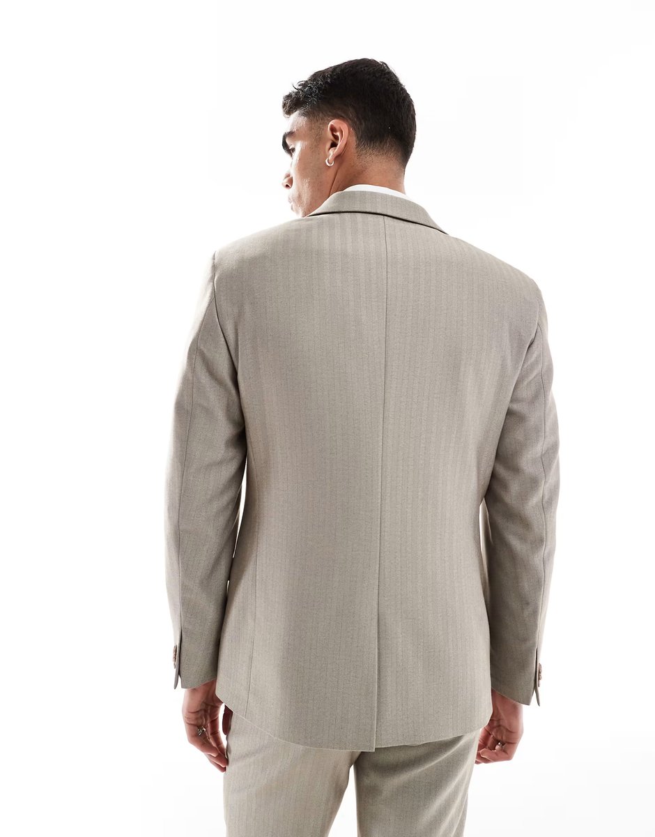 ASOS ASOS DESIGN wedding wool mix slim suit jacket in brown herringbone - 4