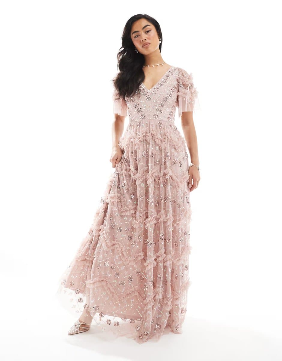 ASOS Maya Fully embellished short sleeve v neck ruffle maxi dress in frosted pink