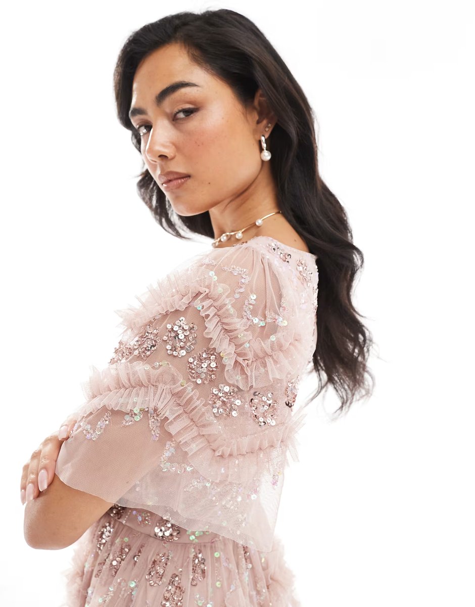 ASOS Maya Fully embellished short sleeve v neck ruffle maxi dress in frosted pink - 4