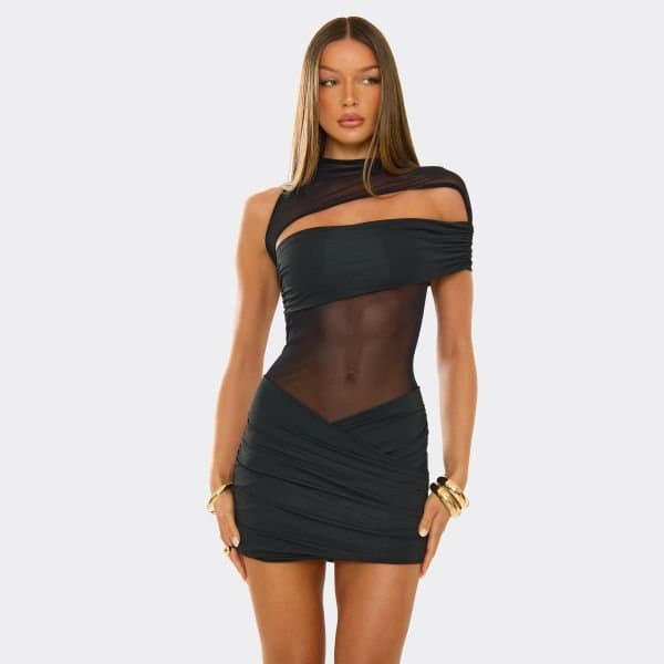 EGO High Neck One Shoulder Cut Out Front Mini Dress In Black, Women's Size UK Large L