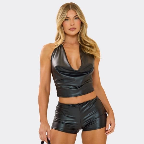 EGO EGO Cowl Neck Faux Leather Crop Top in Black