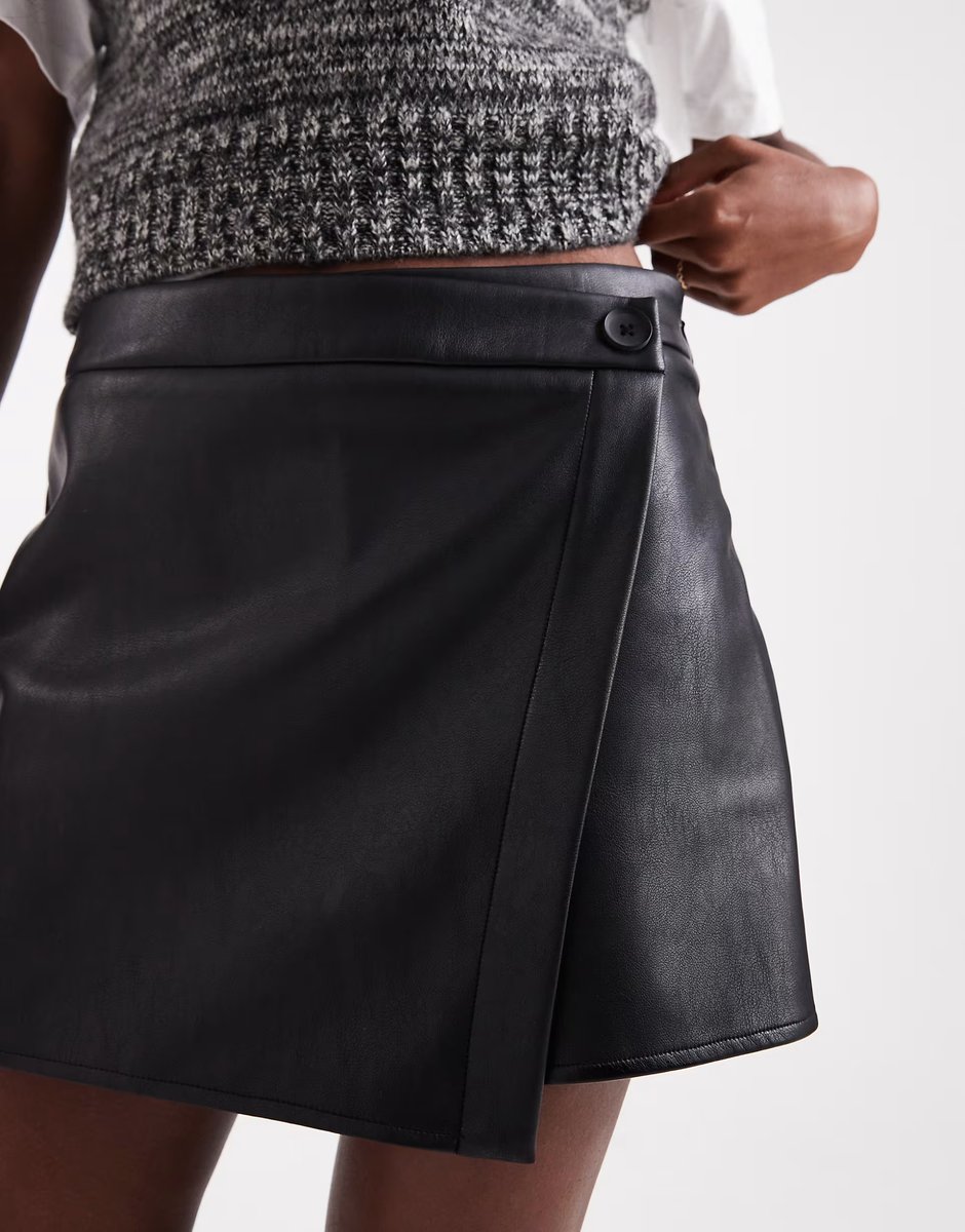 ASOS ASOS DESIGN faux leather button detail wrap skort in black - 2