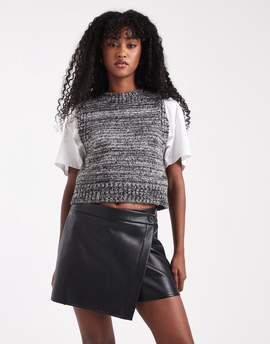ASOS ASOS DESIGN faux leather button detail wrap skort in black - 3
