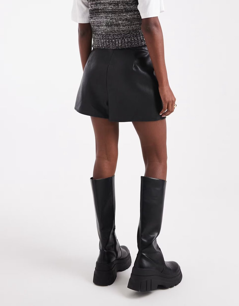 ASOS ASOS DESIGN faux leather button detail wrap skort in black - 4