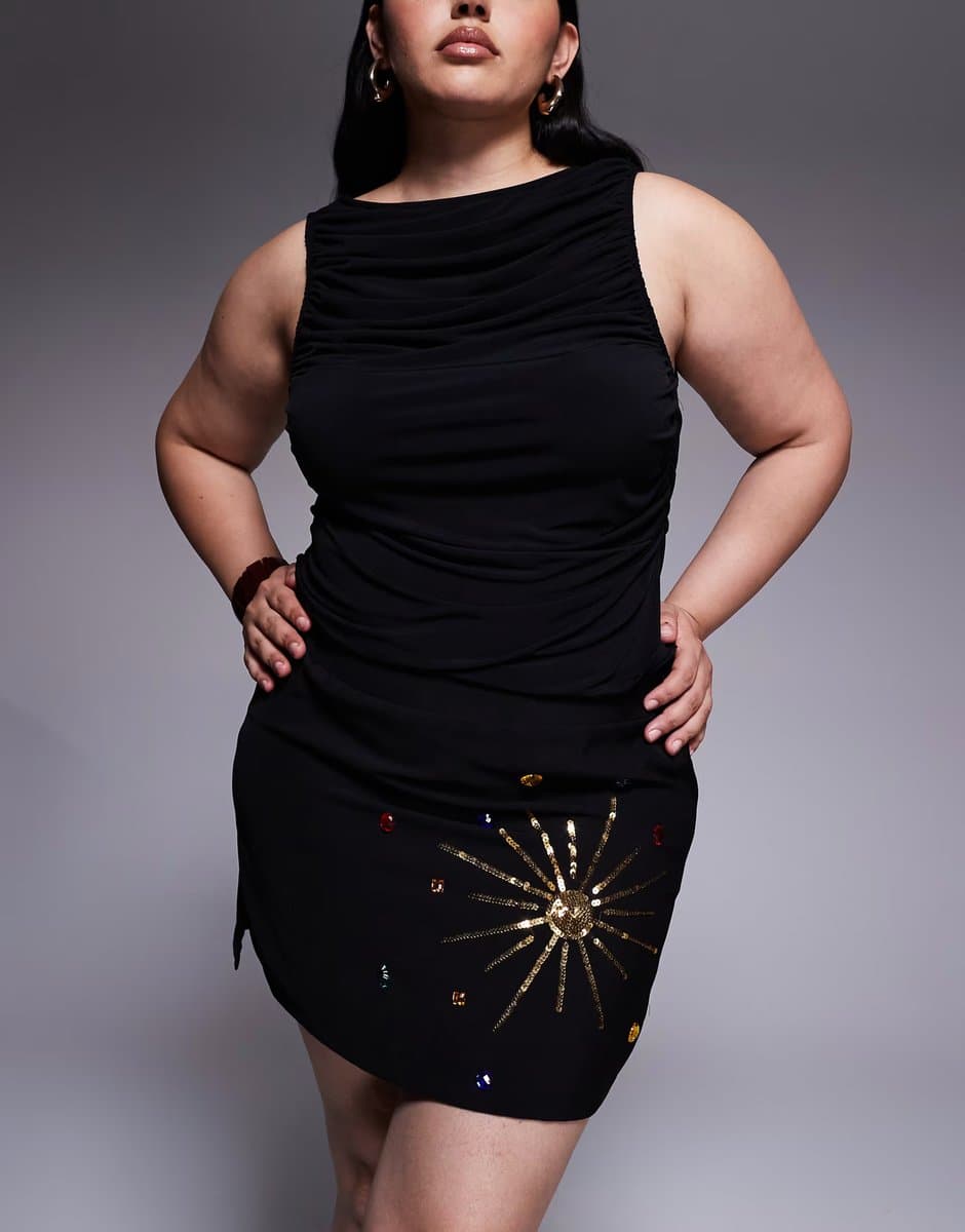 ASOS Renee Studio velvet side split celestial sequin & gem mini skirt in black