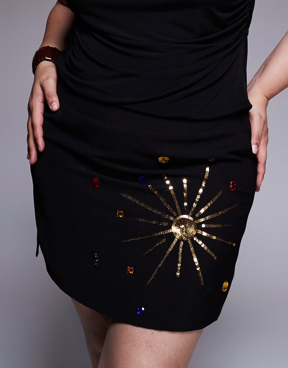 ASOS Renee Studio velvet side split celestial sequin & gem mini skirt in black - 3