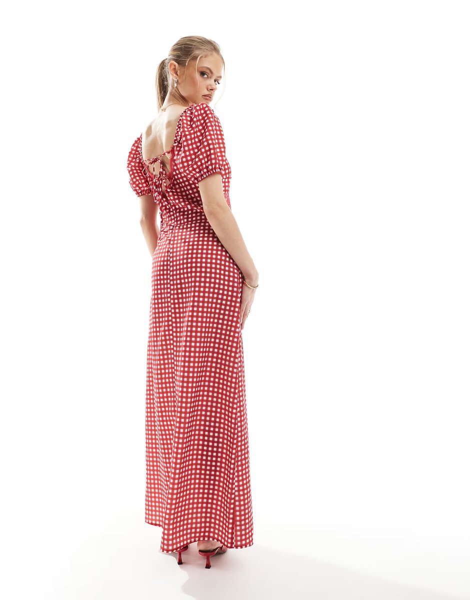 ASOS The Frolic exclusive lace insert cut out puff sleeve satin maxi dress in red gingham   - 3