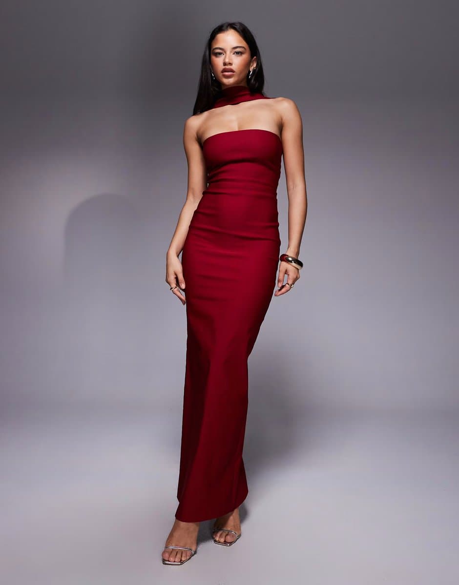ASOS Vesper bengaline bandeau choker detail back button detail maxi dress in wine