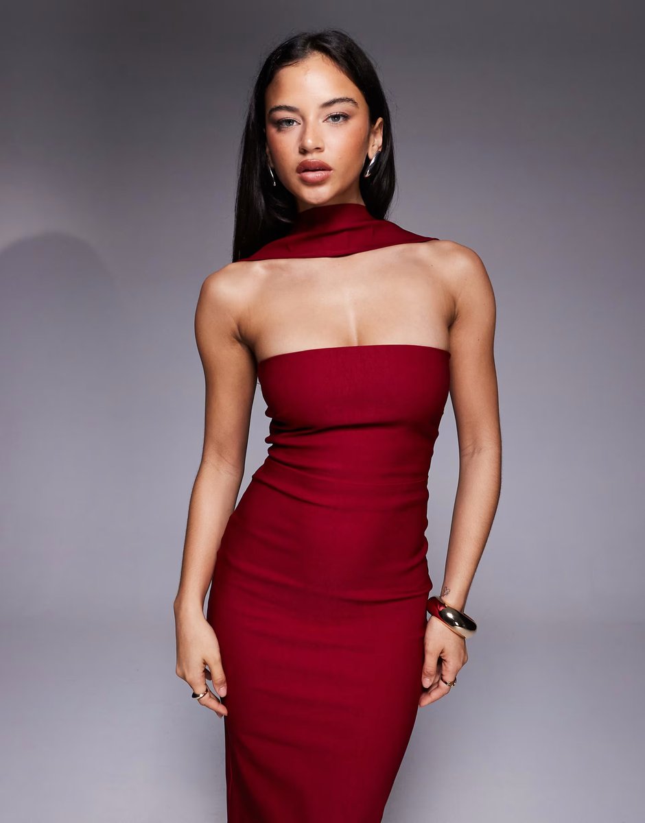 ASOS Vesper bengaline bandeau choker detail back button detail maxi dress in wine - 3