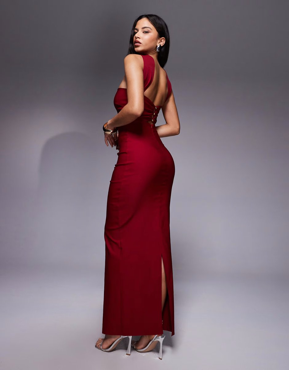 ASOS Vesper bengaline bandeau choker detail back button detail maxi dress in wine - 4