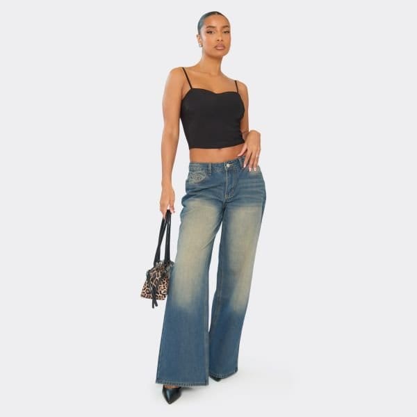 EGO Low Rise Washed Detail Wide Leg Jeans In Blue Denim, Women's Size UK 6 - 1