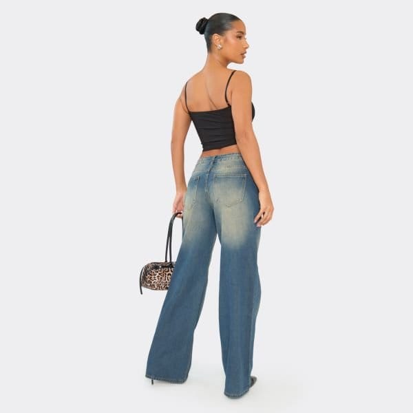 EGO Low Rise Washed Detail Wide Leg Jeans In Blue Denim, Women's Size UK 6 - 2