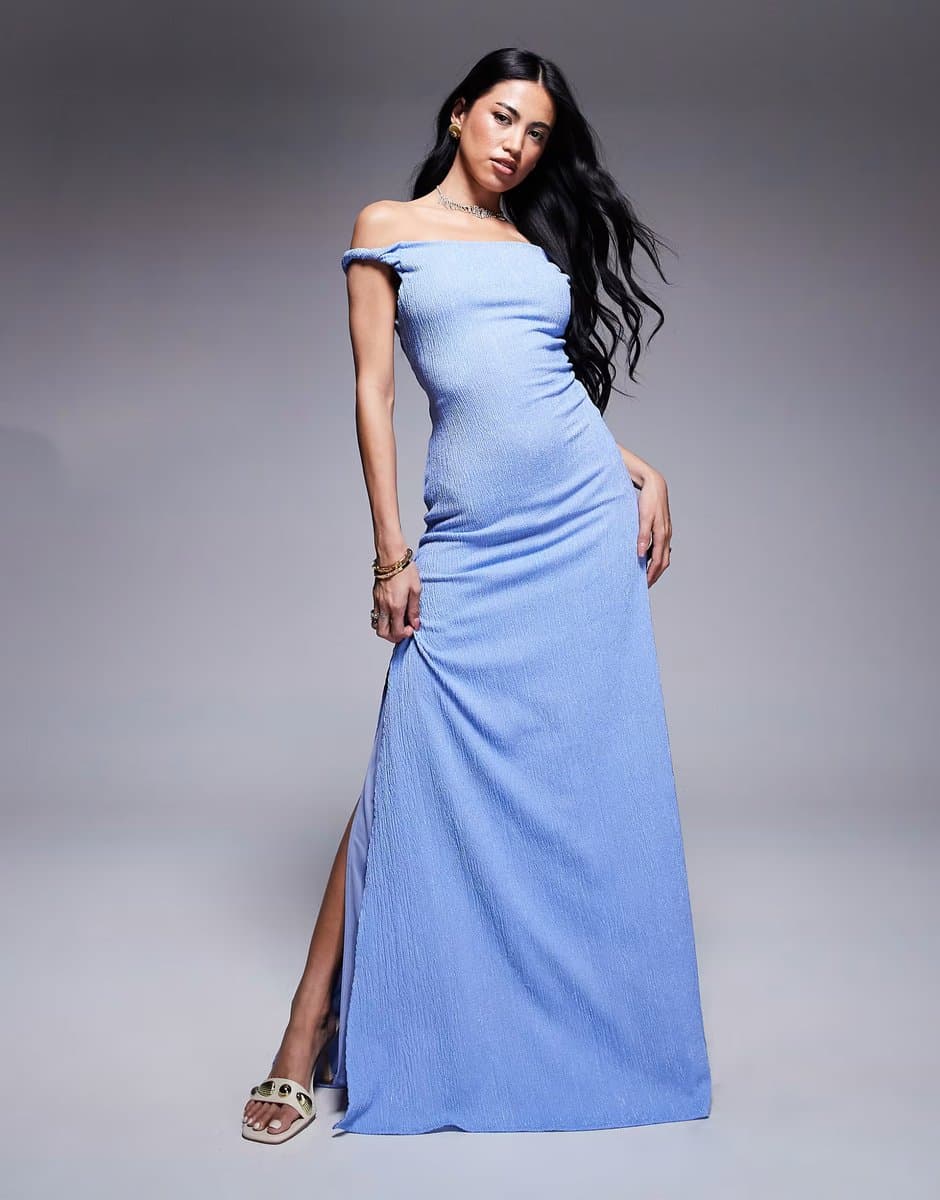 ASOS ASOS DESIGN twist shoulder with lace up back textured fabric maxi dress in blue