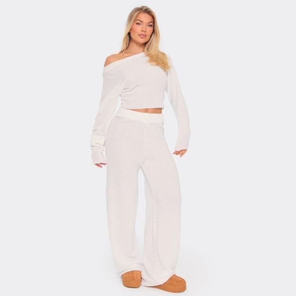 EGO Mid Rise Wide Leg Trousers In White Plush Knit, Women's Size UK Large L - 1