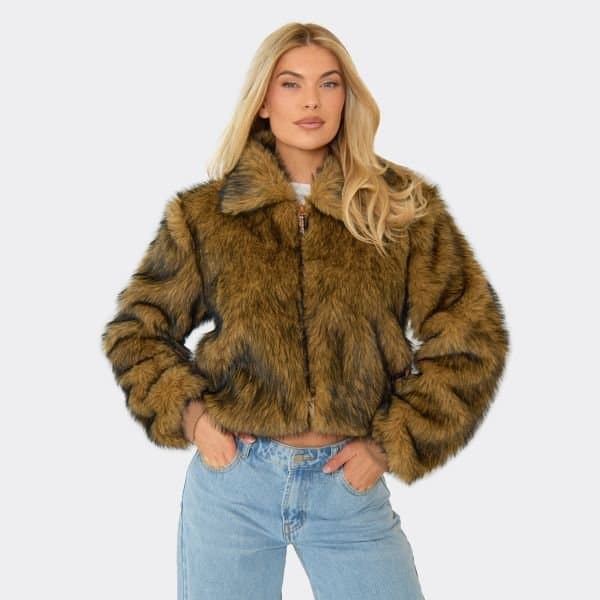 EGO Collared Zip Up Jacket In Brown Faux Fur, Women's Size UK Large L