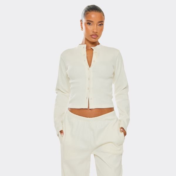 EGO Long Sleeve Button Front Detail Fitted Top In Cream Ribbed, Women's Size UK 6 - 2