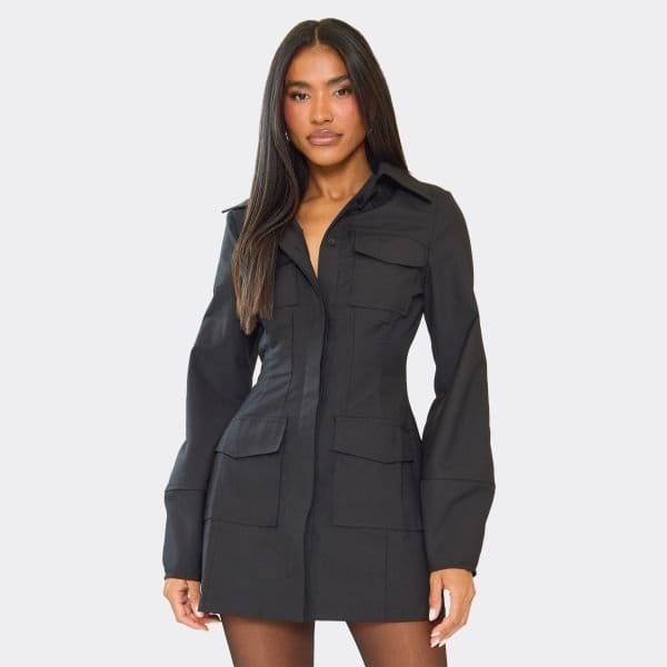EGO Long Sleeve Pocket Detail Utility Mini Dress In Black, Women's Size UK 6 - 1
