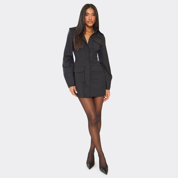 EGO Long Sleeve Pocket Detail Utility Mini Dress In Black, Women's Size UK 6 - 2