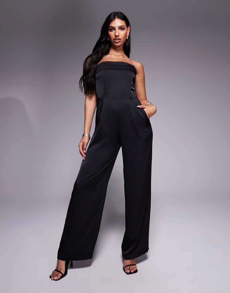ASOS TFNC satin bandeau wide leg jumpsuit in black - 1