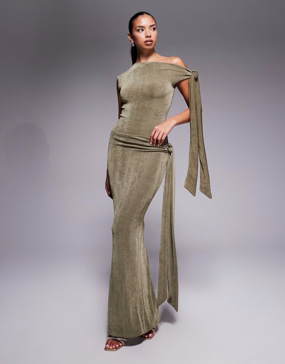 ASOS Wanderdoll Noa premium textured slinky drape tie side maxi skirt co-ord in khaki - 1