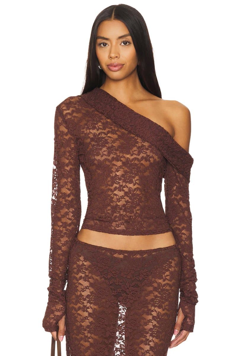 revolve Revolve Black Swan Off Shoulder Top in Chocolate