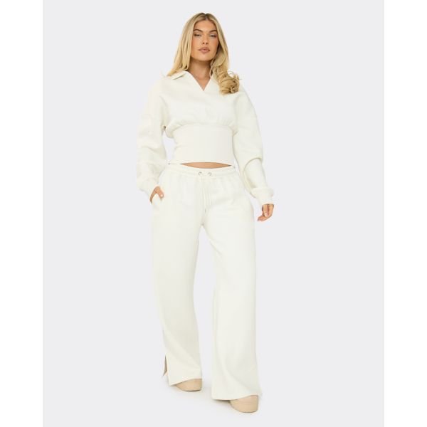 EGO Drawstring Waistband Wide Leg Joggers In Cream, Women's Size UK 6 - 2