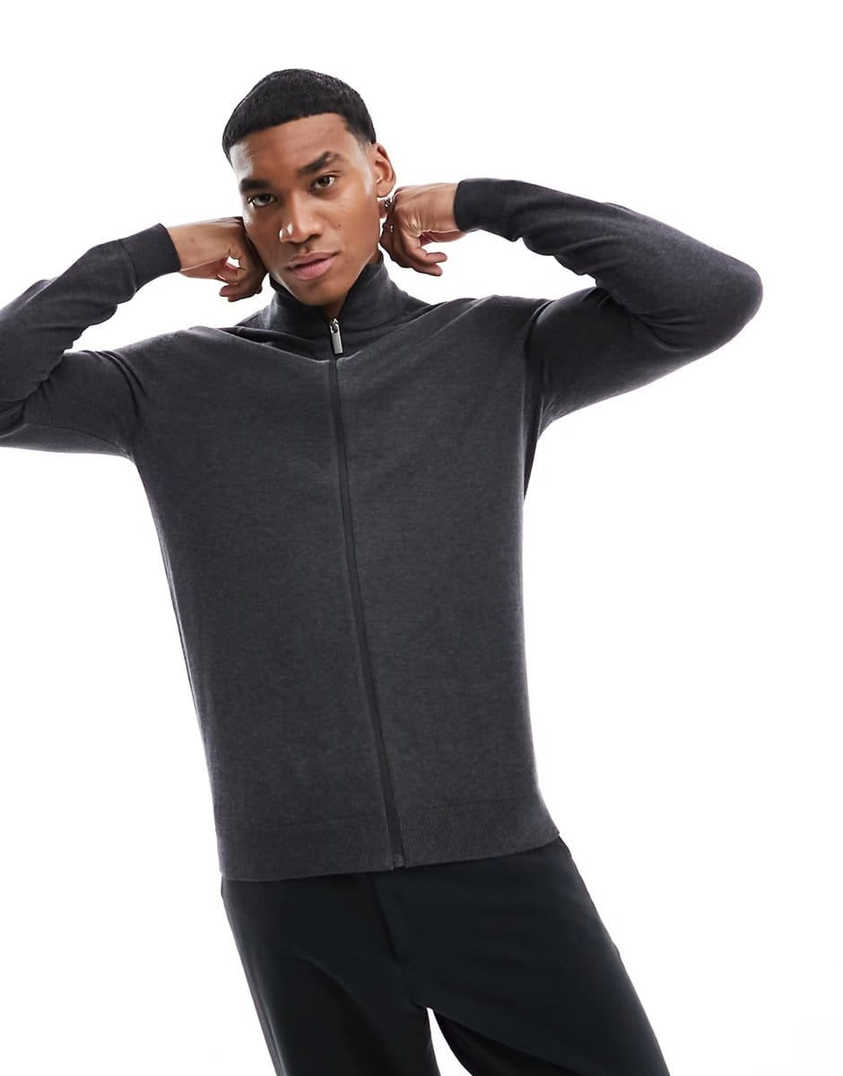 ASOS Selected Homme zip up knitted jumper in dark grey melange - 1
