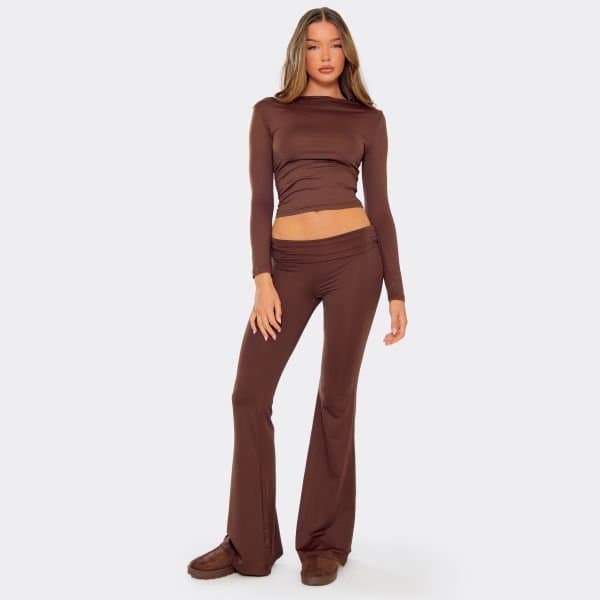 EGO EGO Chocolate Brown Ruched Flared Leg Trousers