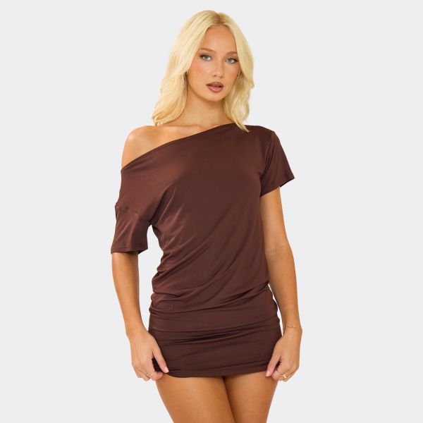 EGO Asymmetric Short Sleeve Ruched Detail Mini Dress In Chocolate Brown, Women's Size UK Medium M - 1
