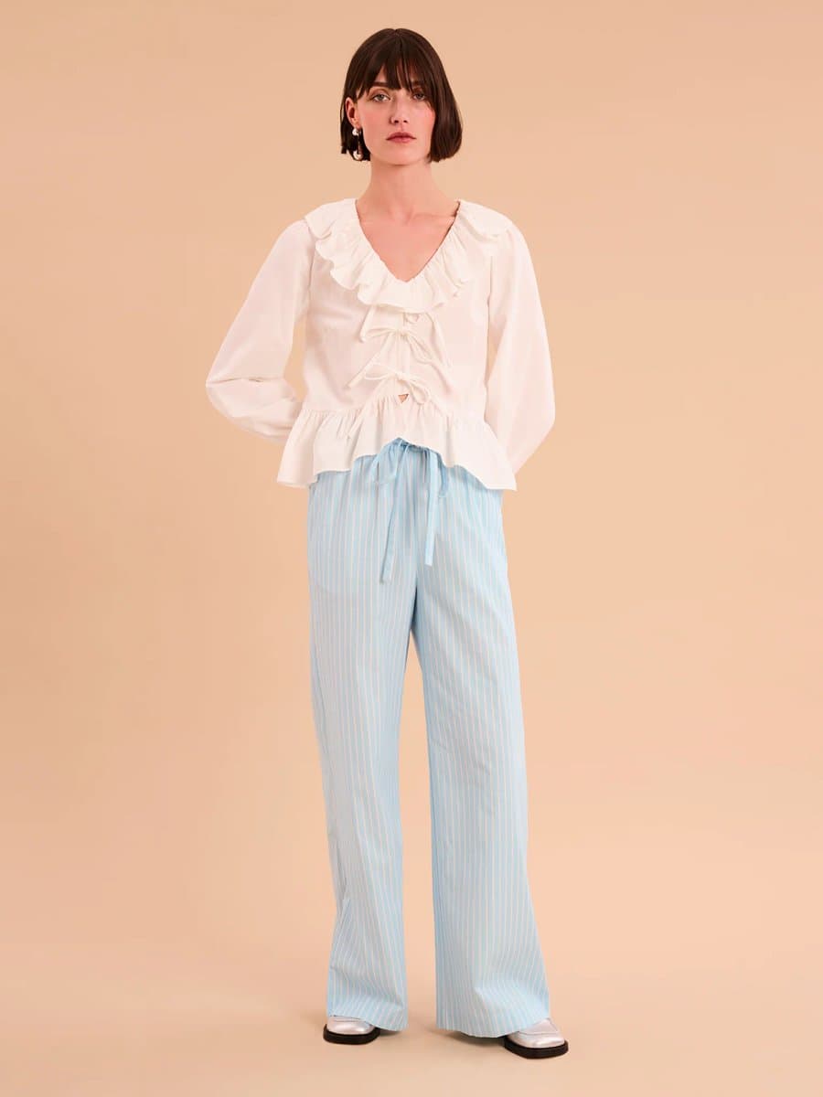 OMNES OMNES Cream and Blue Stripe Elasticated Waist Trouser
