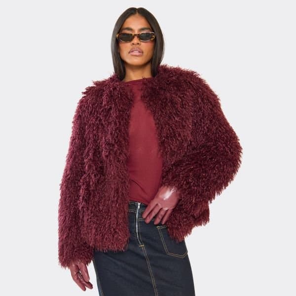 EGO Long Sleeve Collarless Detail Coat In Burgundy Shaggy Faux Fur, Women's Size UK 6